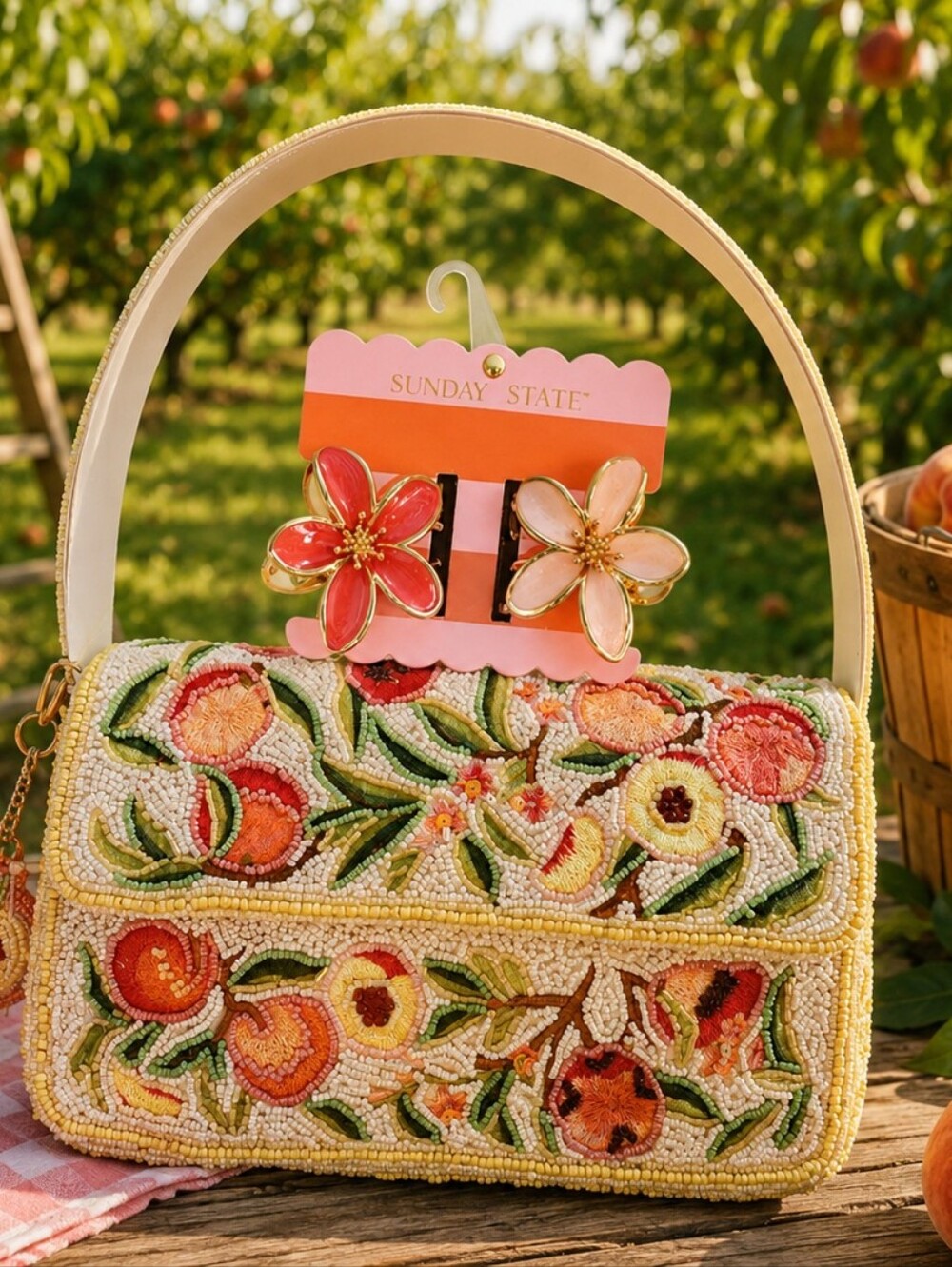Handcrafted In India Beaded Peach Peaches Shpulder Handbag Pesch Chsrm Viral NWT